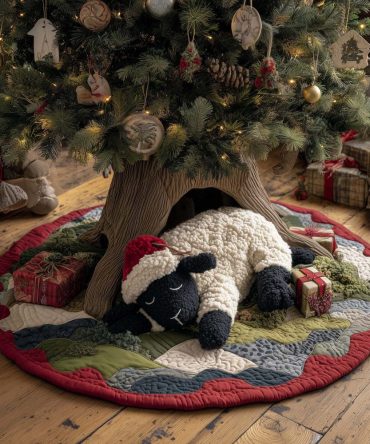 Sheep With Black Lamb Holiday Tree Skirt — Cozy Pastoral Christmas Tree Skirt, Handmade & Custom Made-To-Order Decor