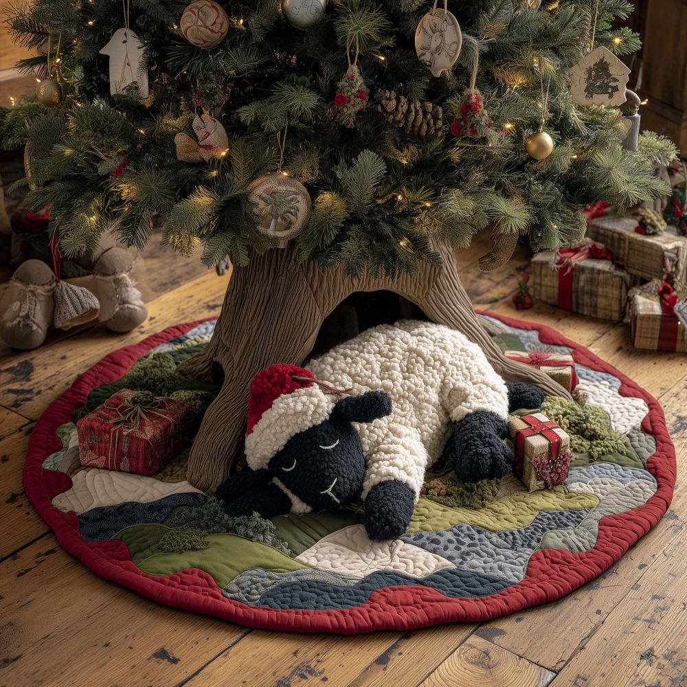 Sheep With Black Lamb Holiday Tree Skirt — Cozy Pastoral Christmas Tree Skirt, Handmade & Custom Made-To-Order Decor