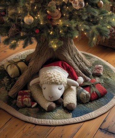 Cute Lamb In Santa Hat With Gifts Tree Skirt — Handcrafted Holiday Lamb Design, Custom Christmas Tree Skirt Made-To-Order
