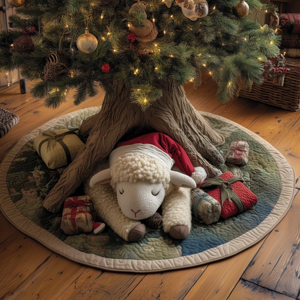Cute Lamb In Santa Hat With Gifts Tree Skirt — Handcrafted Holiday Lamb Design, Custom Christmas Tree Skirt Made-To-Order