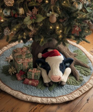 Cow In Santa Hat With Gifts Holiday Tree Skirt — Festive Farm Animal Christmas Skirt, Handcrafted Custom Made-To-Order
