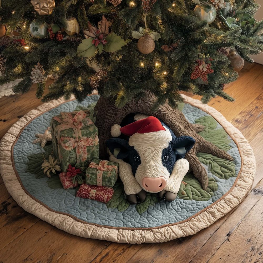 Cow In Santa Hat With Gifts Holiday Tree Skirt — Festive Farm Animal Christmas Skirt, Handcrafted Custom Made-To-Order
