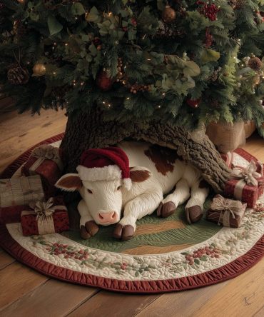 Festive White Cow Wearing Santa Hat Tree Skirt — Charming Farmhouse Christmas Tree Skirt, Custom Made-To-Order Holiday Decor