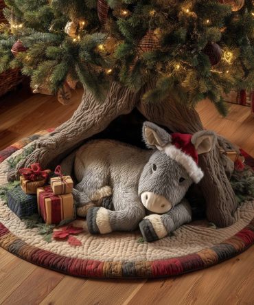 Holiday Donkey In Santa Hat Tree Skirt — Handmade Rustic Donkey Christmas Tree Skirt, Custom Made-To-Order Seasonal Accent