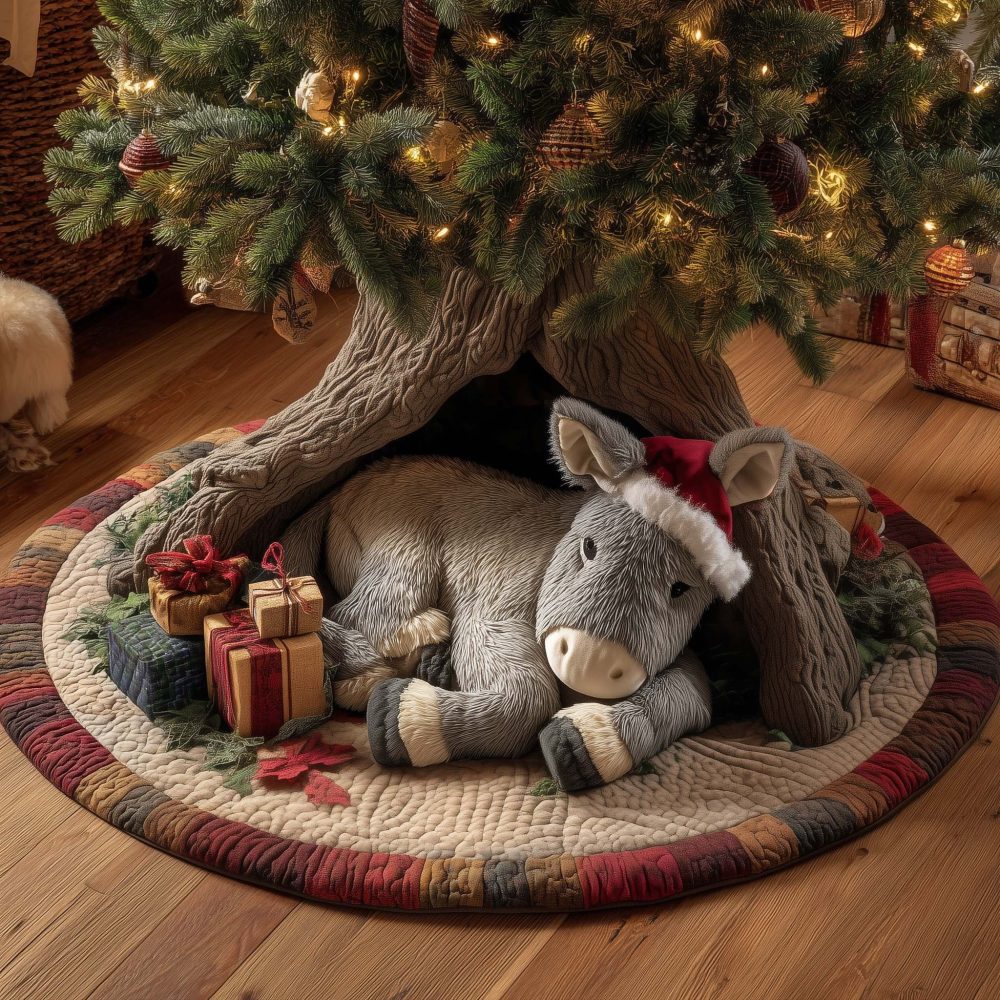 Holiday Donkey In Santa Hat Tree Skirt — Handmade Rustic Donkey Christmas Tree Skirt, Custom Made-To-Order Seasonal Accent