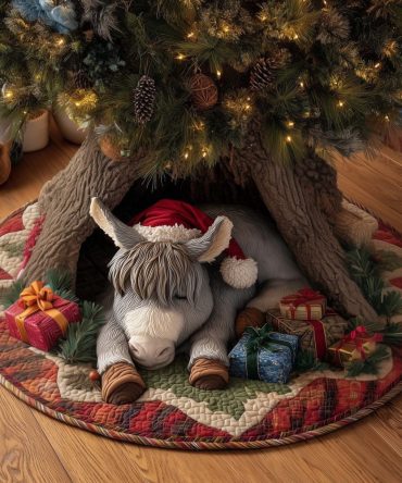 Grey Donkey With Holiday Gifts Christmas Tree Skirt — Rustic Farm Animal Tree Skirt, Handcrafted & Made-To-Order
