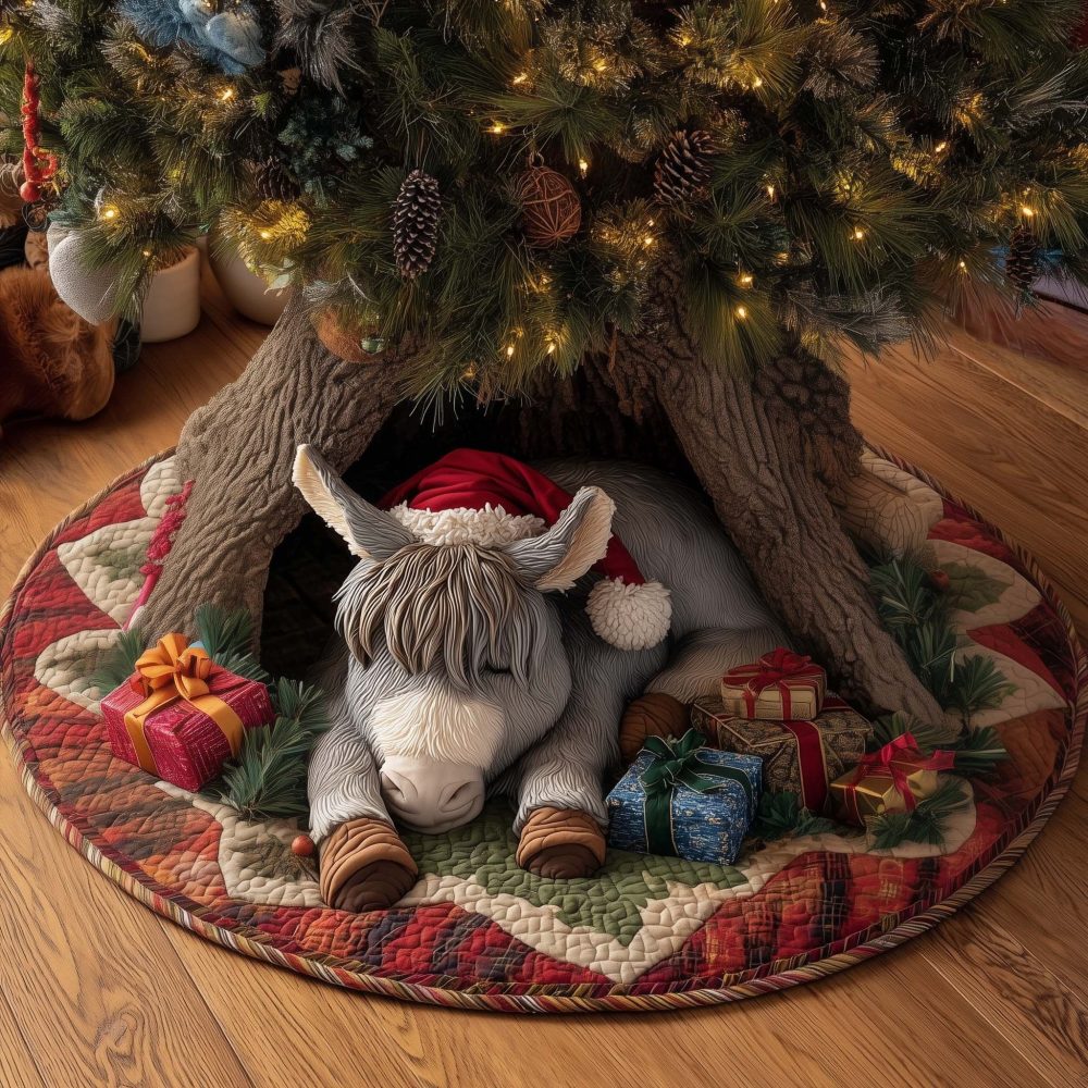 Grey Donkey With Holiday Gifts Christmas Tree Skirt — Rustic Farm Animal Tree Skirt, Handcrafted & Made-To-Order