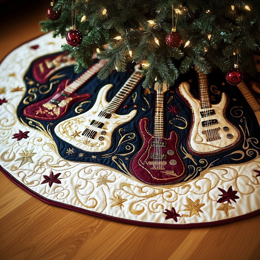 Wine Red Guitar & Gold Star Tree Skirt - Luxurious Handmade Christmas Tree Skirt, Custom Music-Themed Holiday Decor, Made-To-Order