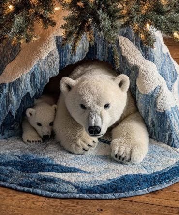 Polar Bear & Cub Ice Cave Tree Skirt — Made-To-Order Heartwarming Winter Scene For Family-Friendly Holiday Decor