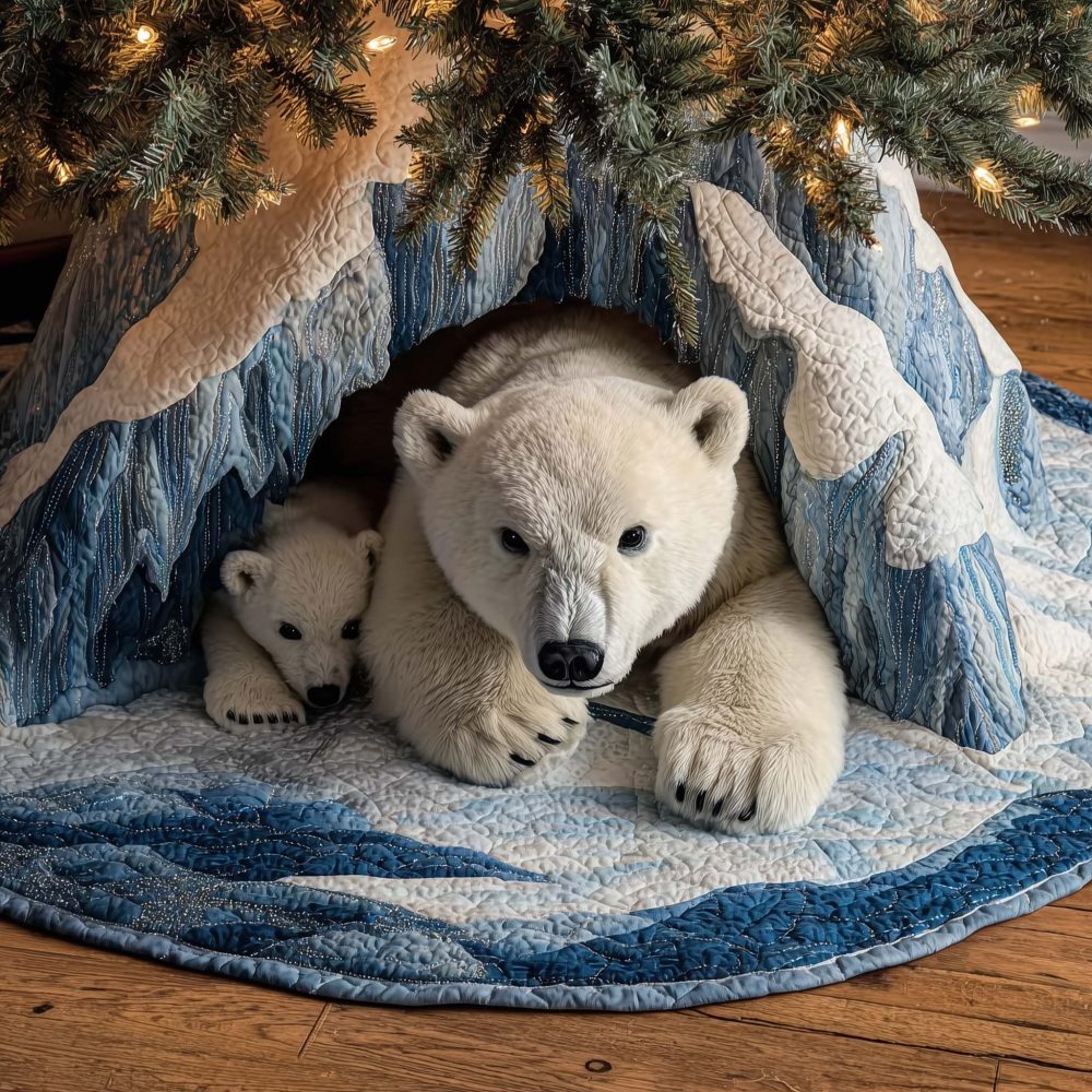 Polar Bear & Cub Ice Cave Tree Skirt — Made-To-Order Heartwarming Winter Scene For Family-Friendly Holiday Decor