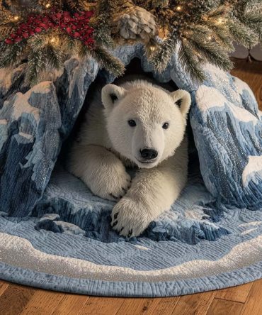 Resting Polar Bear Ice Cavern Tree Skirt — Made-To-Order Winter-Themed Christmas Skirt For Elegant, Cozy Displays