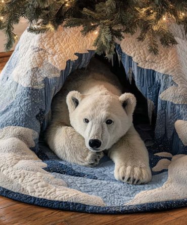 Polar Bear In Snow Den Tree Skirt — Made-To-Order Cozy Arctic Christmas Decor With Gentle Wildlife Design