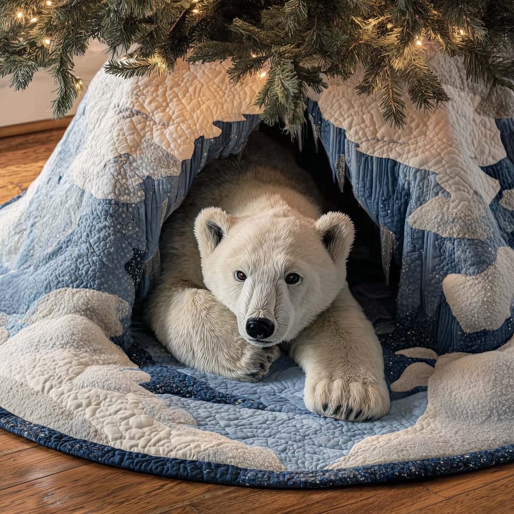 Polar Bear In Snow Den Tree Skirt — Made-To-Order Cozy Arctic Christmas Decor With Gentle Wildlife Design