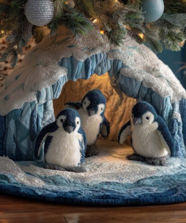 Penguin Family Ice Grotto Tree Skirt — Made-To-Order Festive Winter Scene For Cozy, Playful Holiday Decorating