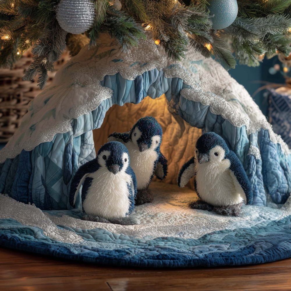 Penguin Family Ice Grotto Tree Skirt — Made-To-Order Festive Winter Scene For Cozy, Playful Holiday Decorating