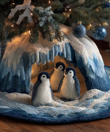 Blue Ice Cave Penguin Chicks Tree Skirt — Custom-Made Winter Wonderland Christmas Skirt For Cute Seasonal Styling