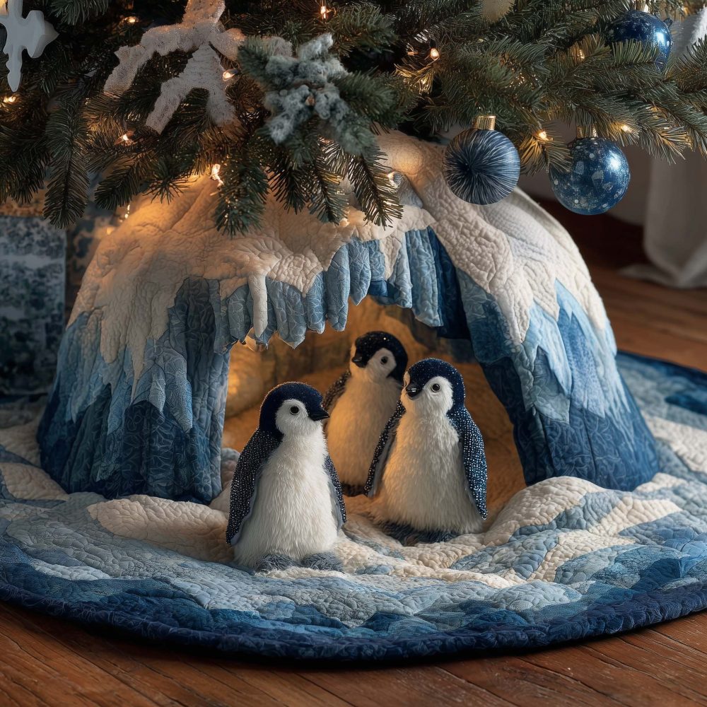 Blue Ice Cave Penguin Chicks Tree Skirt — Custom-Made Winter Wonderland Christmas Skirt For Cute Seasonal Styling