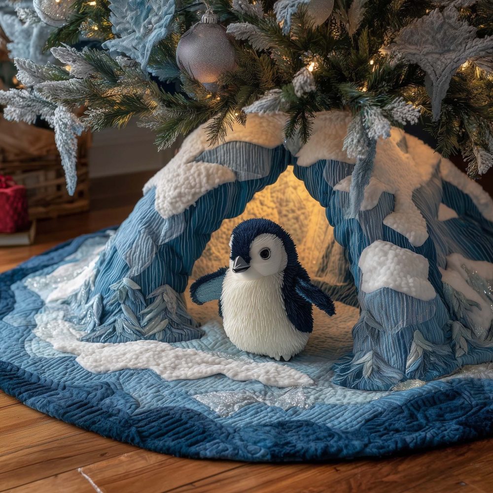 Adorable Penguin Chick Tree Skirt — Made-To-Order Snowy Ledge Christmas Skirt, Cute Holiday Decor For Family & Kids