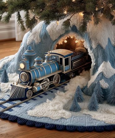 Blue Locomotive Ice Tunnel Tree Skirt - Custom Christmas Tree Skirt In Cool Blue, Handmade Holiday Train Theme, Made-To-Order Decor