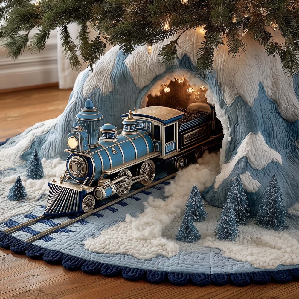 Blue Locomotive Ice Tunnel Tree Skirt - Custom Christmas Tree Skirt In Cool Blue, Handmade Holiday Train Theme, Made-To-Order Decor