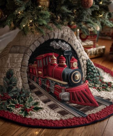 Red Steam Engine Stone Tunnel Tree Skirt - Made-To-Order Christmas Tree Skirt, Bold Red Locomotive Holiday Decor, Handmade Gift