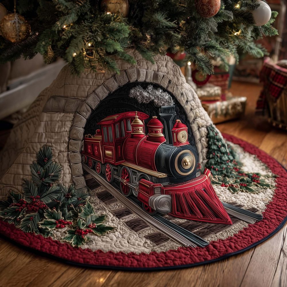 Red Steam Engine Stone Tunnel Tree Skirt - Made-To-Order Christmas Tree Skirt, Bold Red Locomotive Holiday Decor, Handmade Gift