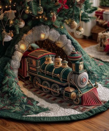 Green Locomotive Arch Tree Skirt — Handcrafted Train-Themed Christmas Skirt In Greens, Custom Made-To-Order Holiday Accent