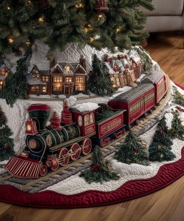 Handmade Holiday Train Scene Tree Skirt - Custom Christmas Tree Skirt With Village Lights, Made-To-Order Gift-Ready Decor