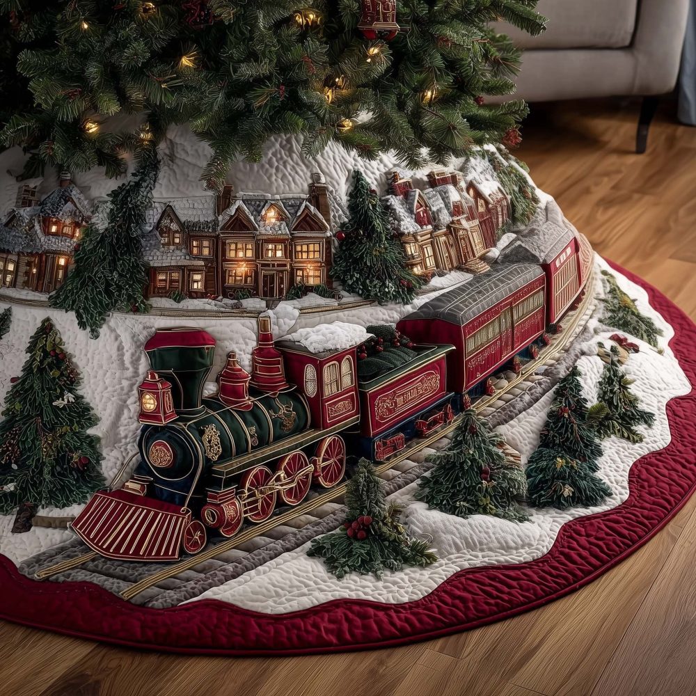 Handmade Holiday Train Scene Tree Skirt - Custom Christmas Tree Skirt With Village Lights, Made-To-Order Gift-Ready Decor