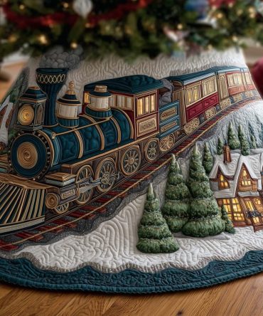Teal Engine On Snow Track Tree Skirt — Handcrafted Winter Train Christmas Skirt In Teal, Custom Made-To-Order Holiday Decor