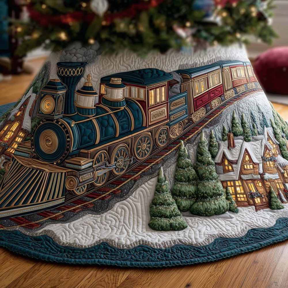 Teal Engine On Snow Track Tree Skirt — Handcrafted Winter Train Christmas Skirt In Teal, Custom Made-To-Order Holiday Decor