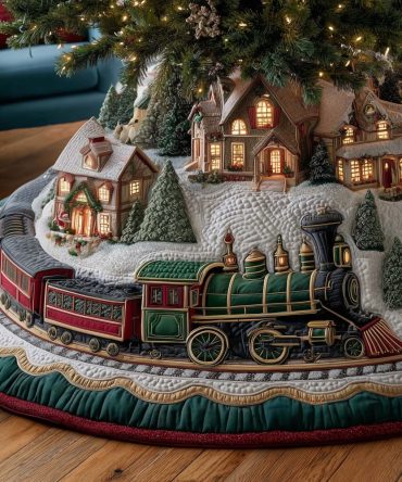Scenic Train Through Cottages Tree Skirt — Handmade Quilted Christmas Skirt With Curving Track & Cottage Motif, Made-To-Order
