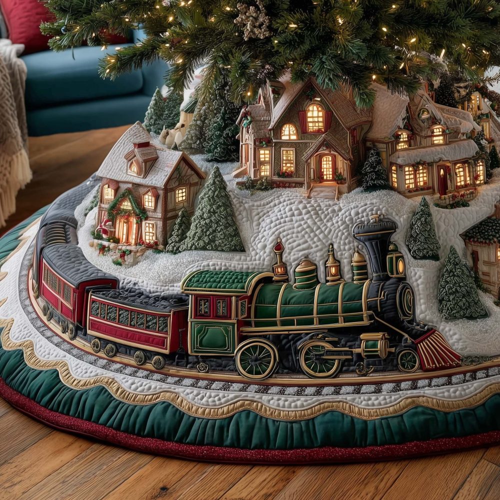 Scenic Train Through Cottages Tree Skirt — Handmade Quilted Christmas Skirt With Curving Track & Cottage Motif, Made-To-Order