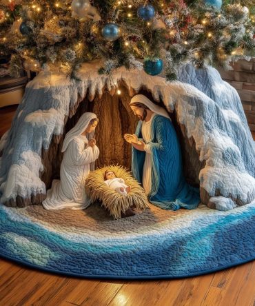 Icy Blue Cavern Nativity Tree Skirt — Made-To-Order Christmas Decor With Cool-Toned Grotto Scene For Unique Holiday Display
