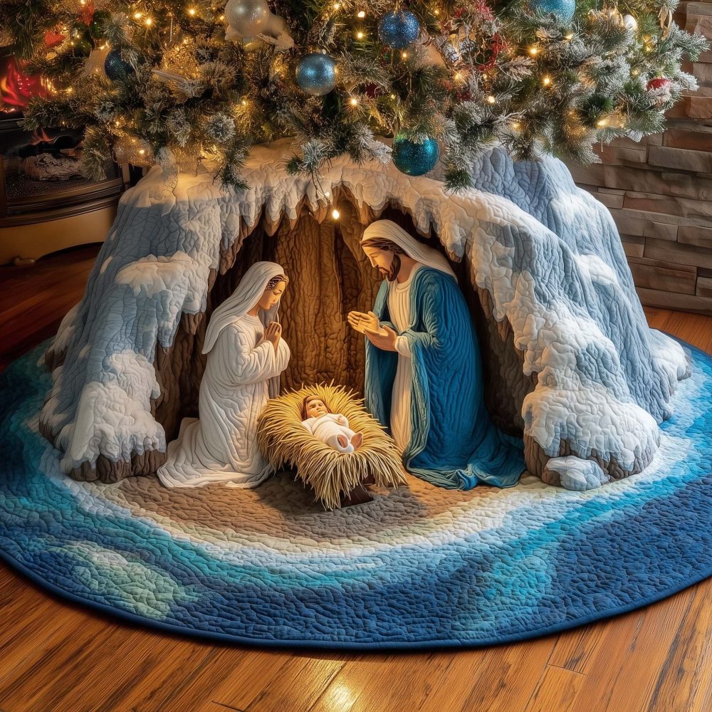 Icy Blue Cavern Nativity Tree Skirt — Made-To-Order Christmas Decor With Cool-Toned Grotto Scene For Unique Holiday Display