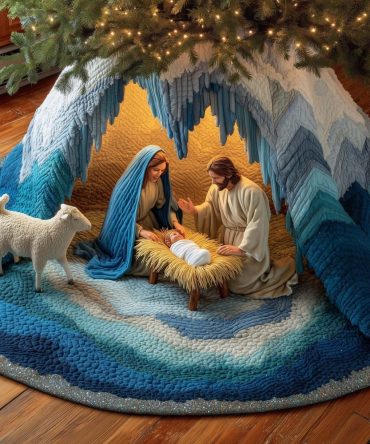 Blue-Lined Nativity & Lamb Tree Skirt — Made-To-Order Christmas Centerpiece For Traditional Homes And Religious Gifts