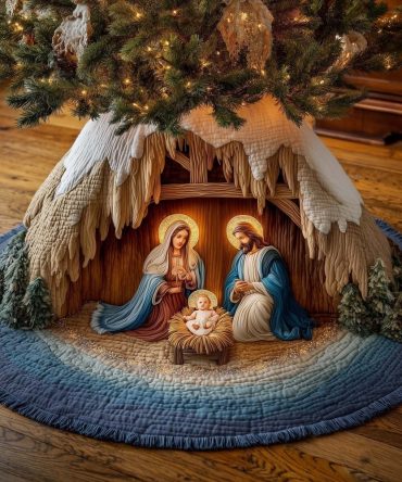 Glowing Halo Holy Family Tree Skirt — Premium Made-To-Order Christmas Decor With Illuminated-Style Nativity Scene