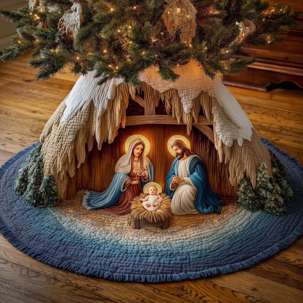Glowing Halo Holy Family Tree Skirt — Premium Made-To-Order Christmas Decor With Illuminated-Style Nativity Scene