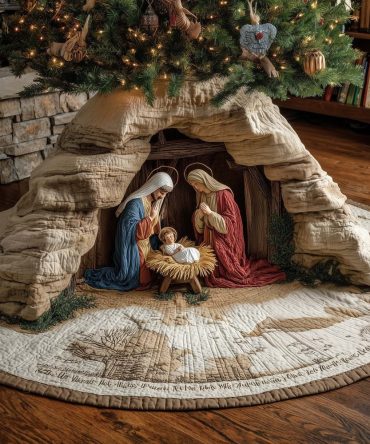White Stone Grotto Nativity Tree Skirt — Custom-Made Elegant Christmas Skirt For Religious & Classic Holiday Settings