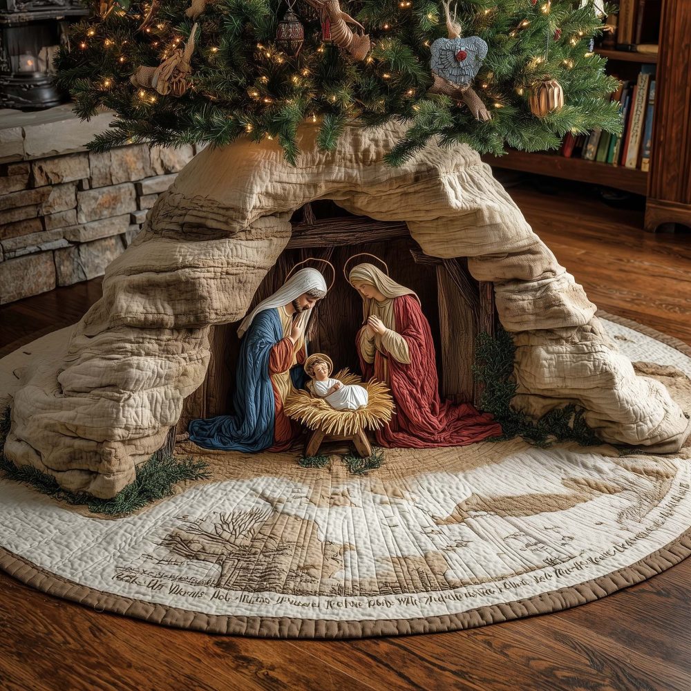White Stone Grotto Nativity Tree Skirt — Custom-Made Elegant Christmas Skirt For Religious & Classic Holiday Settings