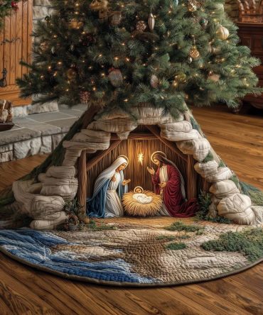 Stone Arch Nativity Tree Skirt — Custom-Made Christmas Tree Skirt With Rustic Grotto Design For Traditional Decor