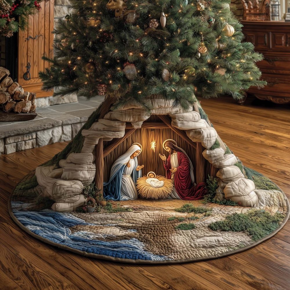 Stone Arch Nativity Tree Skirt — Custom-Made Christmas Tree Skirt With Rustic Grotto Design For Traditional Decor