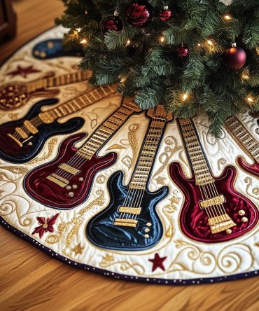 Cream & Gold Scroll Guitar Tree Skirt - Elegant Handmade Christmas Tree Skirt With Guitar Motif, Custom Made Holiday Centerpiece