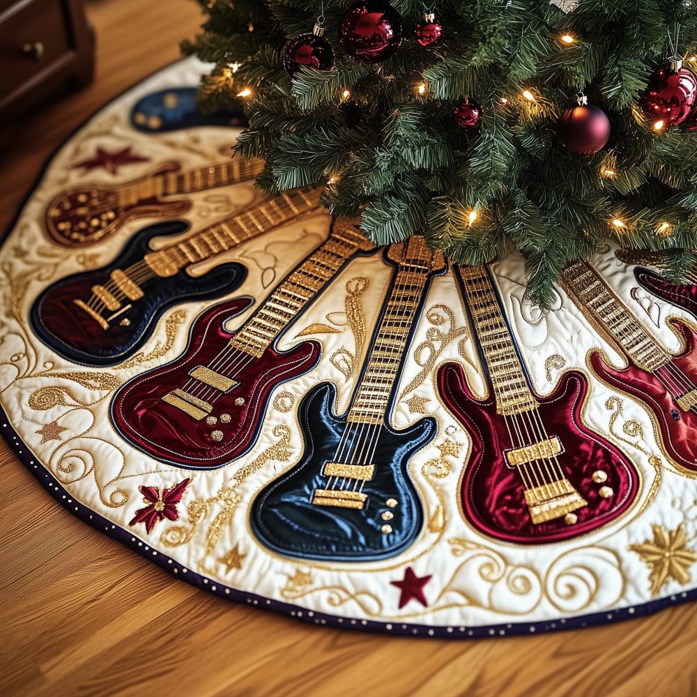 Cream & Gold Scroll Guitar Tree Skirt - Elegant Handmade Christmas Tree Skirt With Guitar Motif, Custom Made Holiday Centerpiece
