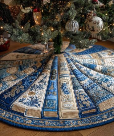 Blue And White Book Spine Christmas Tree Skirt - Custom-Made Classic Holiday Tree Collar For Book Lovers And Home Libraries