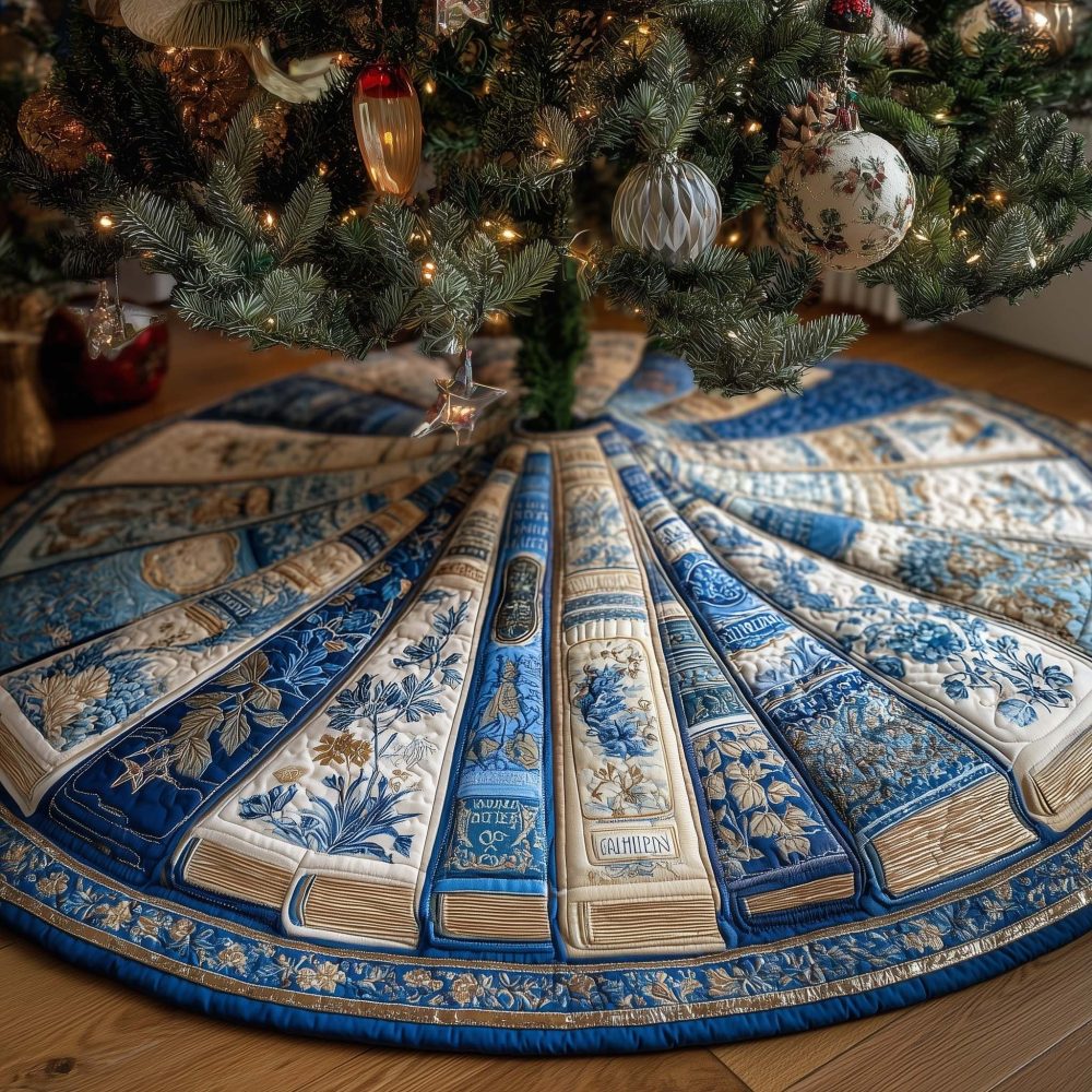 Blue And White Book Spine Christmas Tree Skirt - Custom-Made Classic Holiday Tree Collar For Book Lovers And Home Libraries
