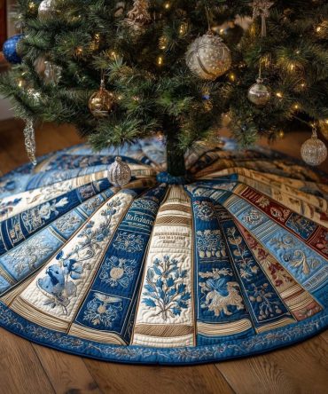 Blue Book Spines Christmas Tree Skirt With Snowflake Spines - Custom-Made Winter-Themed Tree Collar For Readers And Libraries