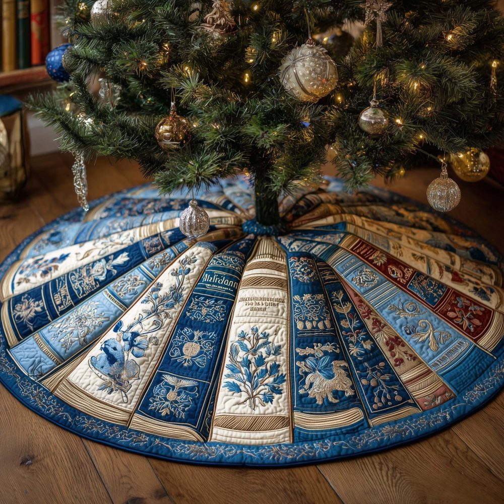 Blue Book Spines Christmas Tree Skirt With Snowflake Spines - Custom-Made Winter-Themed Tree Collar For Readers And Libraries
