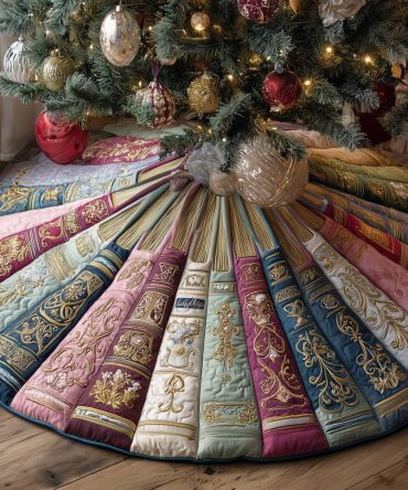 Pink & Cream Ornate Book Spine Christmas Tree Skirt - Custom-Made Elegant Library Holiday Tree Collar