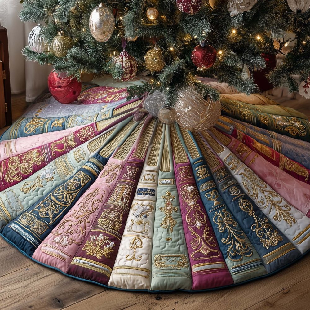 Pink & Cream Ornate Book Spine Christmas Tree Skirt - Custom-Made Elegant Library Holiday Tree Collar